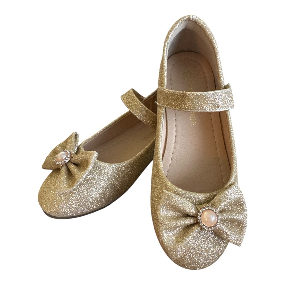 Girls Gold Glitter Mary Jane Flats with Bow | Size 11